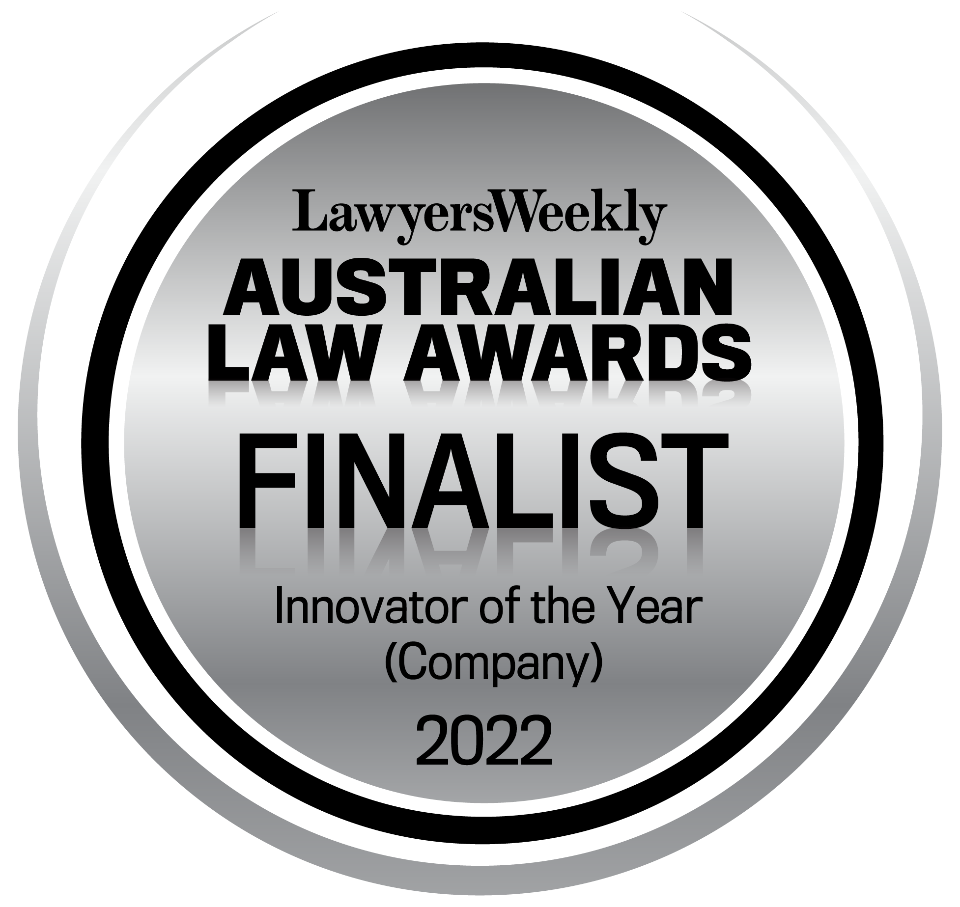 Medalion shaped graphic reading "Lawyers Weekly Australian Law Awards Finalist Innovator of the Year (Company) 2022